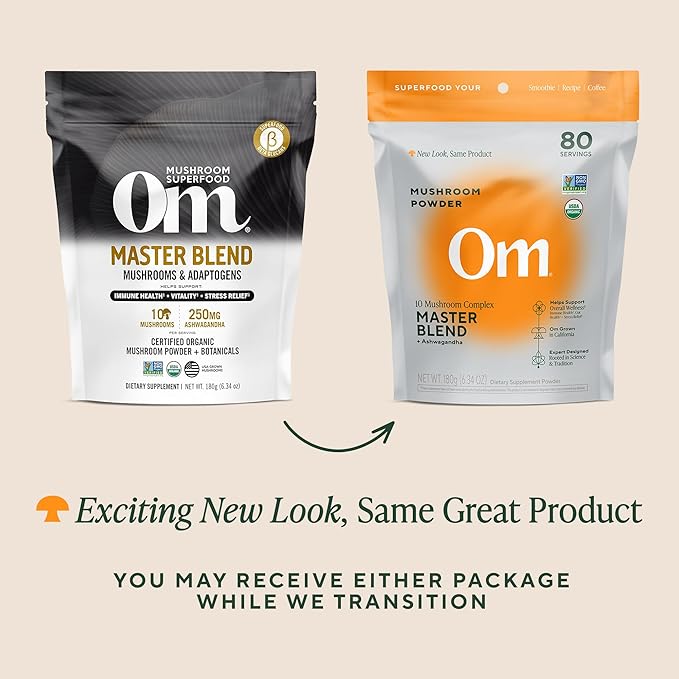 OM Mushrooms Master Blend Mushroom Powder – Organic Mushroom Supplement with 10 Mushrooms and Ashwagandha - Support Immunity Gut Health &amp Stress Relief 6.34 oz (80 Servings)