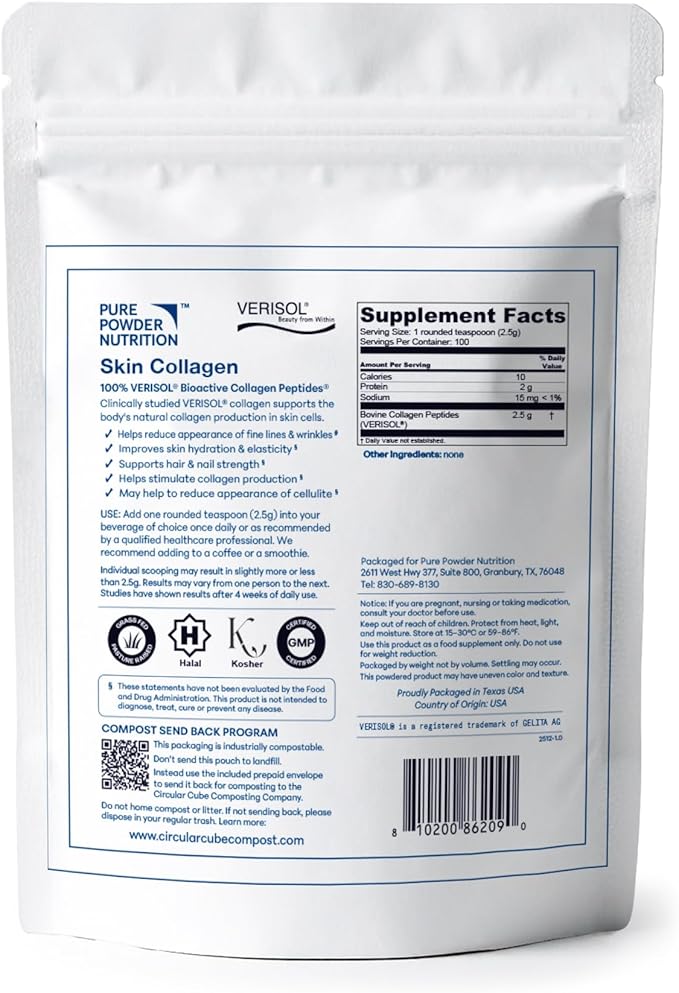 Skin Collagen with VERISOL Bioactive Collagen Peptides for Skin Hair &amp Nails | 100 Serves (No Flavor) | Powder