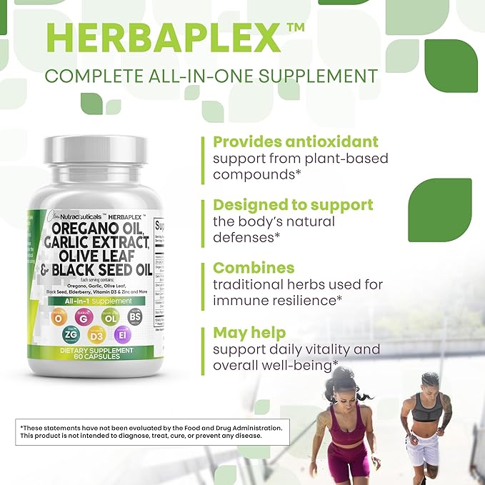 Clean Nutraceuticals Oregano Oil Garlic Extract Olive Leaf Black Seed Oil - Immune Support &amp Digestive Health Supplement for Women and Men with Vitamin D3 &amp Zinc - 2Pack