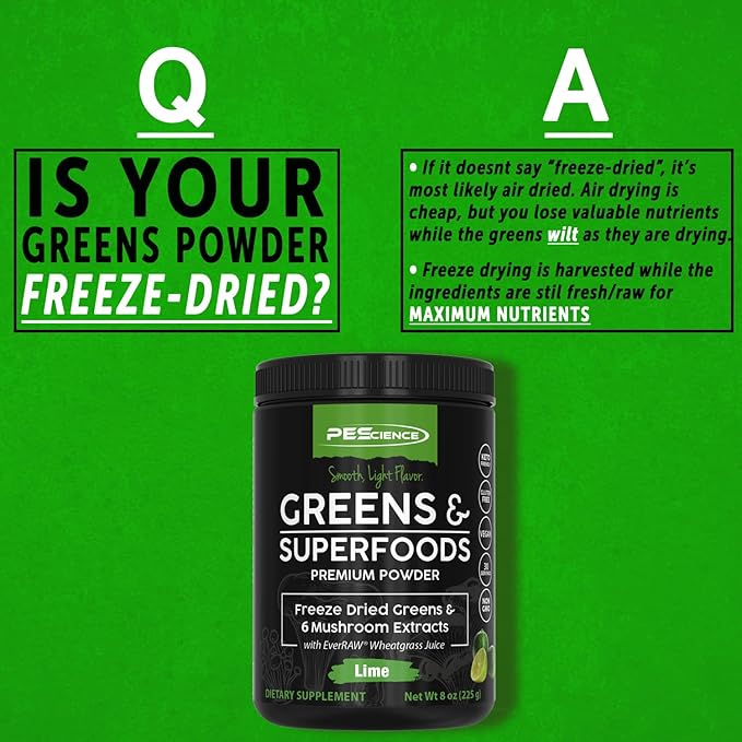 PEScience Greens Powder Superfood with Natural Chlorophyll Reishi &amp Turkey Tail Mushroom Powders Freeze-Dried Kale Spinach Broccoli Sprouts - Lime Flavor 30 Servings