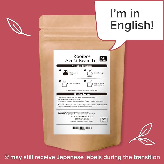 Onkatsu Farm Rooibos Azuki Bean Premium Japanese Tea Bags Rich Aromatic Nutty Flavor Hot or Iced Caffeine Free 50 Total Tea Bags