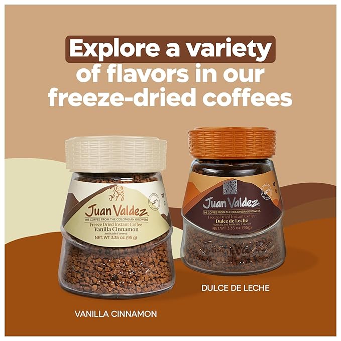 Juan Valdez Freeze-Dried Instant Coffee Bundle - Dulce de leche (3.5 oz) &amp Vanilla Cinnamon (3.35 oz) Flavors | 100% Colombian Arabica Beans | Smooth &amp Aromatic - Premium Colombian Coffee | 2
