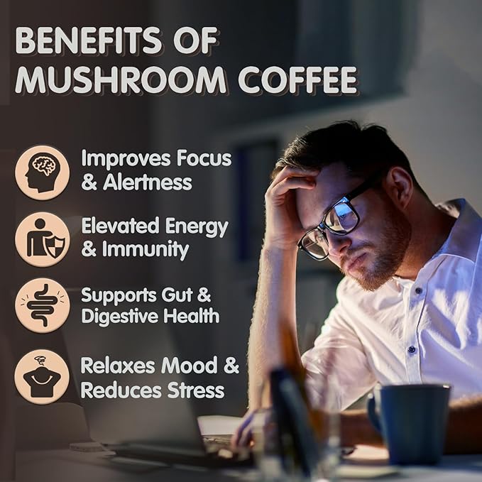 Mushroom Coffee 6 Adaptogenic Mushrooms (Lion's Mane Cordyceps Turkey Tail &amp Other) Mixed with Premium Instant Coffee for Focus Energy Immune and Gut Health Support 30 Servings