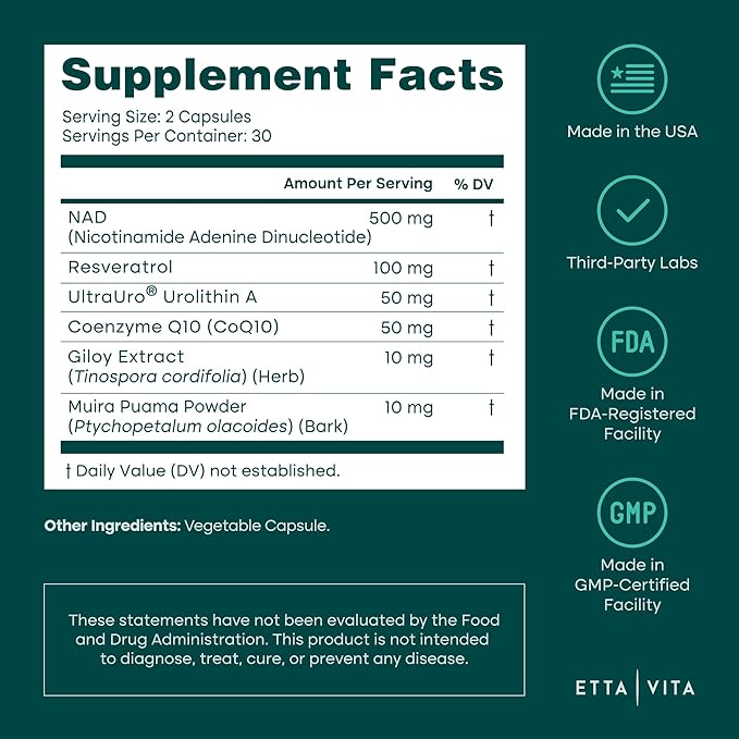 Liposomal NAD+ Supplement - Resveratrol Urolithin A CoQ10 &amp Muira Puama (Made in USA) NAD Supplement for Natural Energy Brain Fog Digestion Detox Gut Health Microbiome NR NMN Replacement