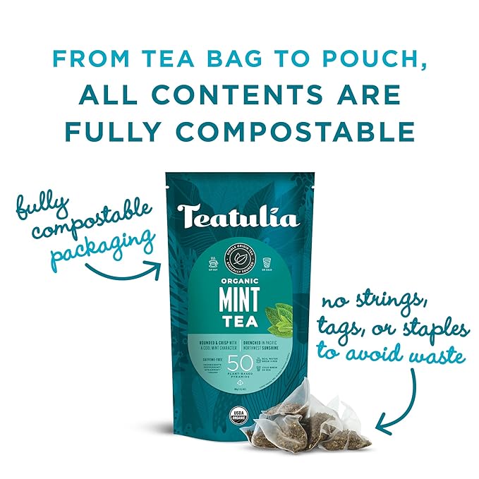 Teatulia Organic Mint Tea Bags (50 Pyramid Sachet Teabags) Sustainably Grown Spearmint + Peppermint in Washington USA. Herbal Caffeine-Free Blend