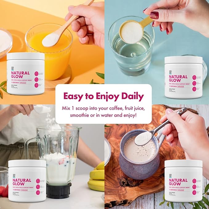 Yes You Can! Natural Glow Beauty Collagen Powder – 10g Hydrolyzed Collagen with Biotin Hyaluronic Acid Vitamins C &amp E – Skin Hair &amp Nail Support – 15 Servings (Unflavored)