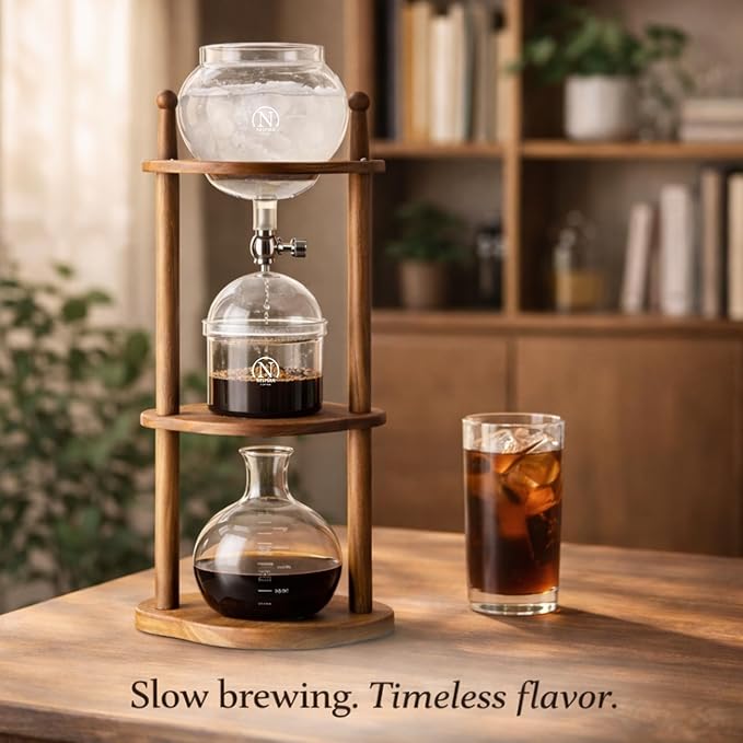 Nispira Cold Brew coffee Maker Ice Coffee Drip Machine with Advanced Slow Drip Technology Borosilicate Glass with Wood Tower 6-8 Cup Brown
