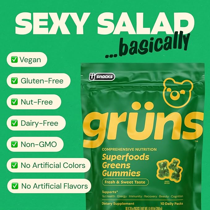 Gruns Adult Sugar-Free Super Greens Multivitamin Gummies Superfood Gummy Vitamins for Women and Men with Spirulina Chlorella Adaptogens &amp Prebiotic Fiber for Digestive Health (28 Count)
