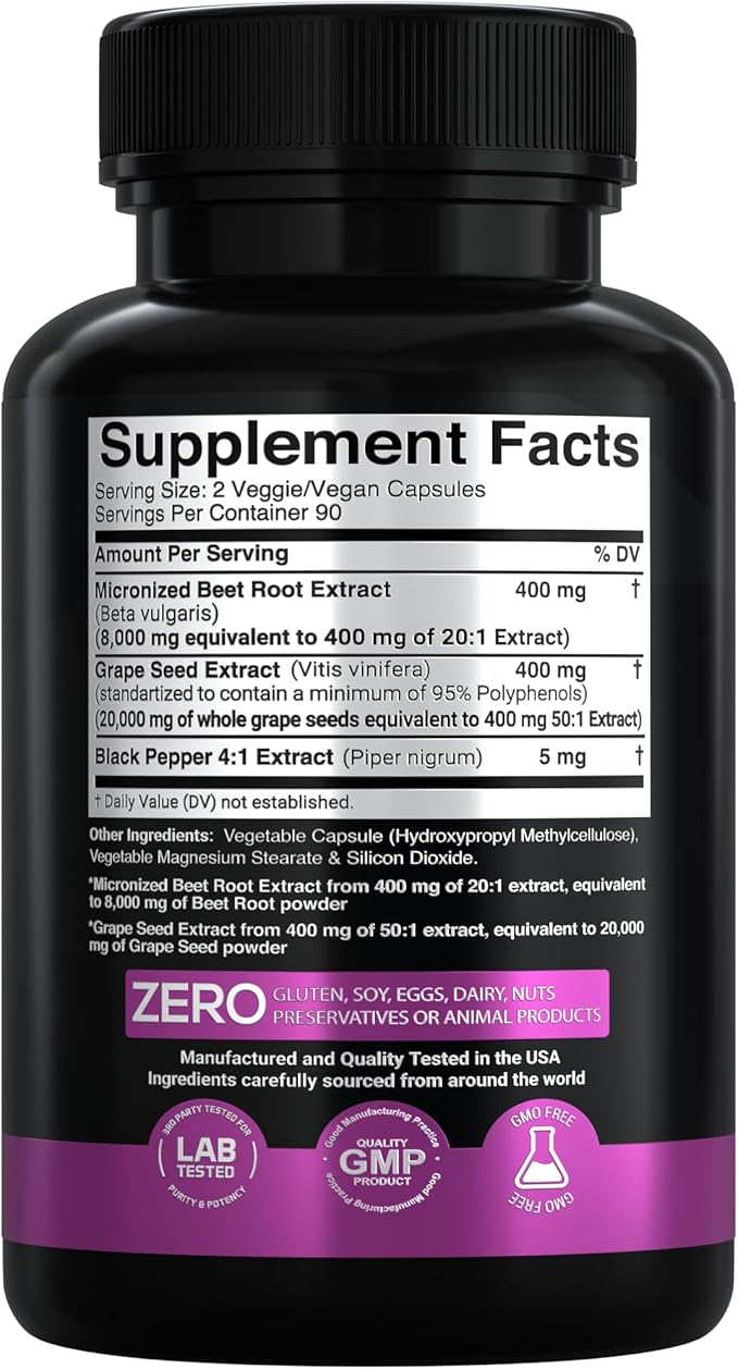 X Gold Health Beet Root Extract with Grape Seed Extract 28000mg Equivalent Nitric Oxide &amp Circulation Support Extra Strength Micronized Formula 180 Veggie Capsules