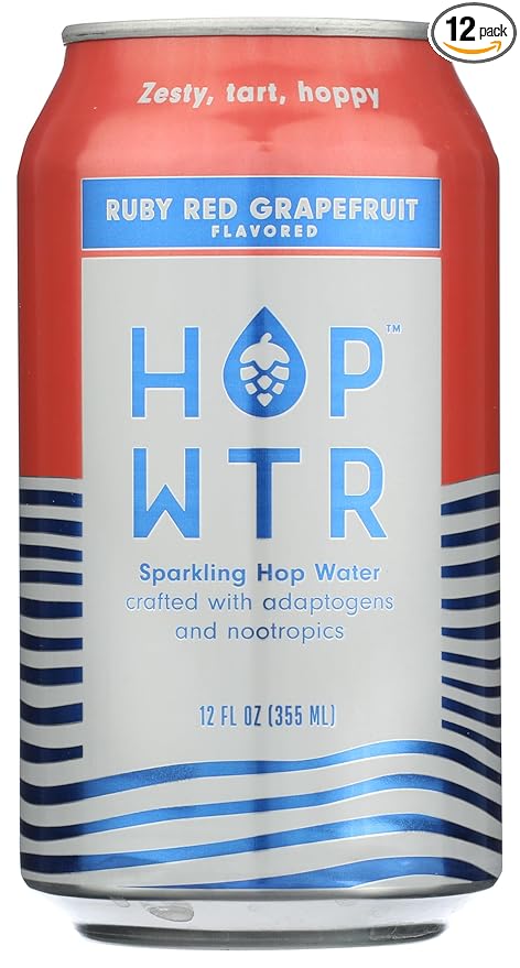 HOP WTR Sparkling Hop Water Ruby Red Grapefruit 12 Pack Sugar Free Low Carb Non Alcoholic Drinks NA Beer Adaptogen Drink No Calories Adaptogens &amp Nootropics for Added Benefits 12 oz Cans