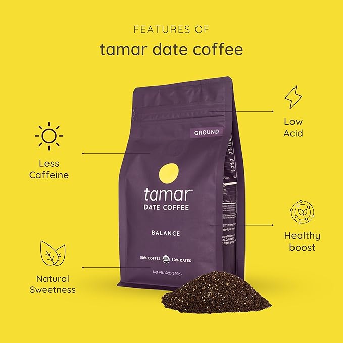 Balance by Tamar Date Coffee | Organic Ground Blend of Coffee &amp Whole Dates | Low Acid | Less Caffeine | Healthy Sweetness | Boost of Energy | Medium Roast | 12oz bag