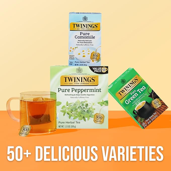 Twinings Pure Peppermint Herbal Tea Individually Wrapped Bags 50 Count (Pack of 6) Fresh Minty Flavour Naturally Caffeine-Free Enjoy Hot or Iced 300 Teabags