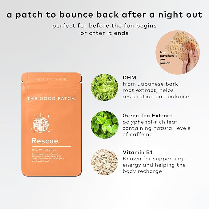 The Good Patch Rescue Recovery Patch Natural Patch with DHM Vitamin B1 and Green Tea Plant-Powered Wearable Wellness Support After a Night Out (24 Total Patches)