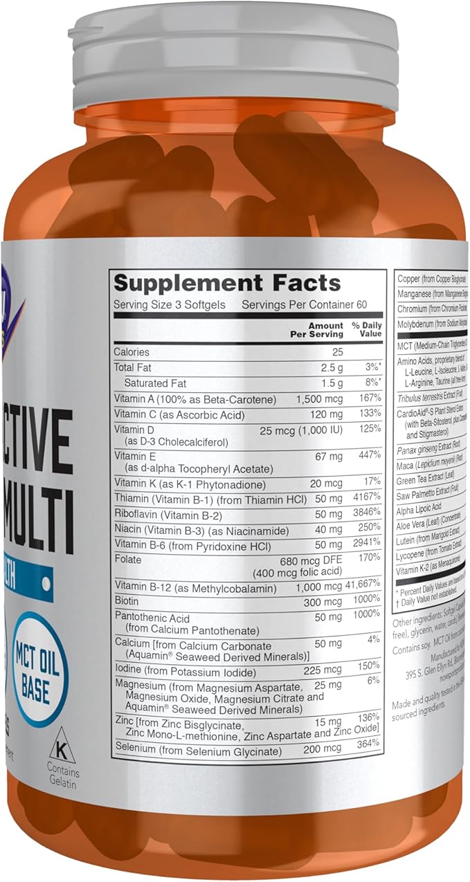 NOW Foods Sports Nutrition Men's Extreme Sports Multi with Free-Form Amino Acids ZMA® Tribulus MCT Oil and Herbal Extracts 180 Softgels