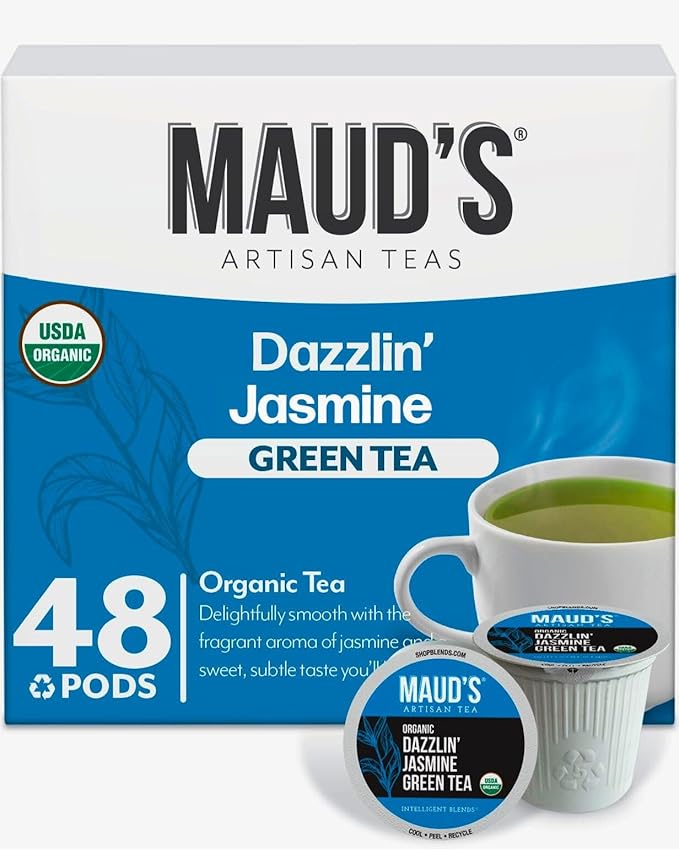 Maud's Organic Jasmine Green Tea Pods 48 ct Single Serve Tea Pods – 100% Gourmet Blended Tea Leaves Compatible with Keurig K Cups Maker