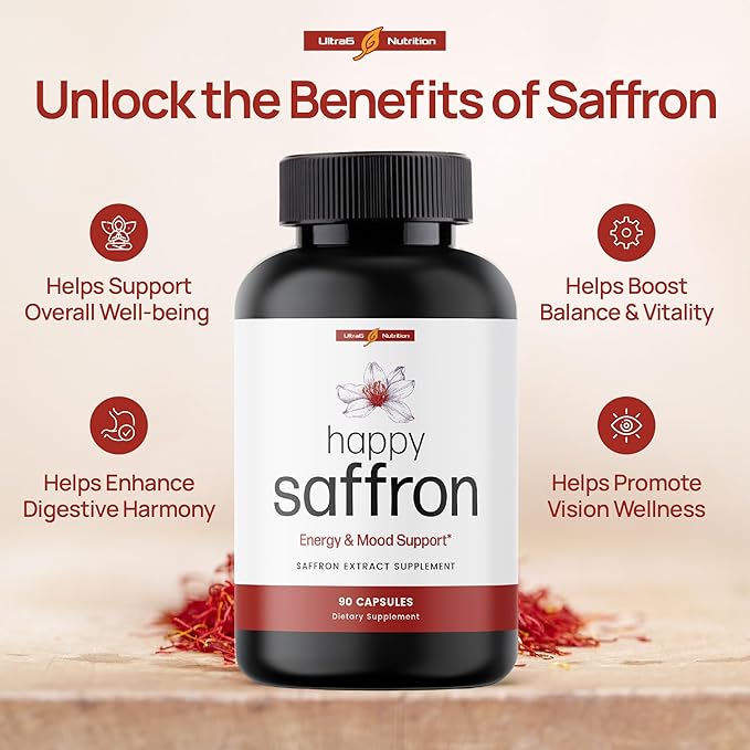 Ultra6 Nutrition Happy Saffron Supplements - 100% Pure Saffron Extract Supplement for Eye Health Support - Mood Enhancer for Women &amp Men (90 Servings)