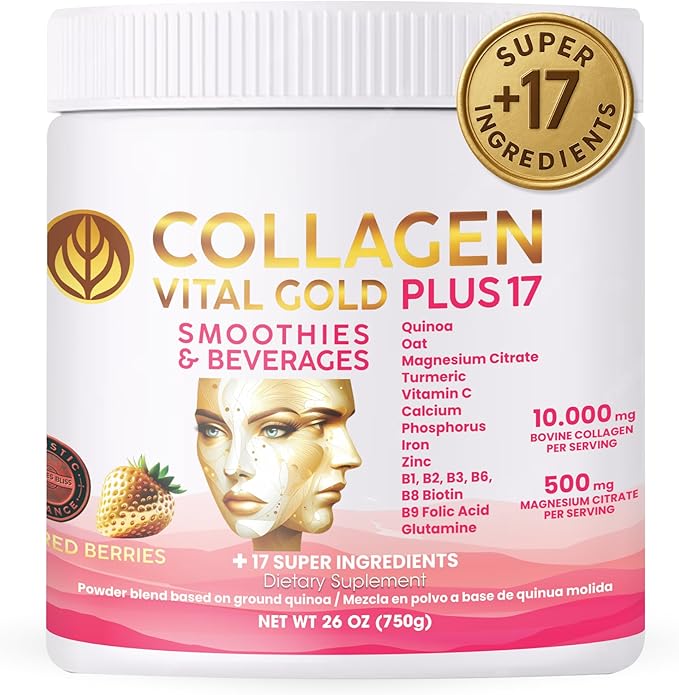Vital Life Collagen Peptides Powder - Hydrolyzed Collagen with +17 Super Ingredients 1.6 lb Red Berries Flavor Supplement for Healthy Hair Skin Nails Bones Joints Collagen for Women &amp Men