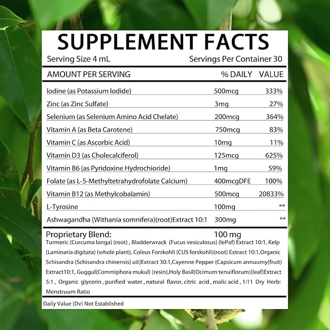 Peak Form Thyroid Support Drops | Selenium Zinc Iodine L-Tyrosine Ashwagandha Liquid Drops Thyroid Bloom Support |-4 FL. OZ. (120mL)