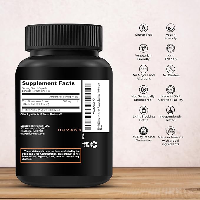 HUMANX Fisetin 500mg - 98% Pure Fisetin Supplement - Powerful Serving Size (Similar to Apigenin Luteolin Quercetin) Senolytic Activator - Natural Polypheonols - USA Made Non-GMO Fisetin Capsules