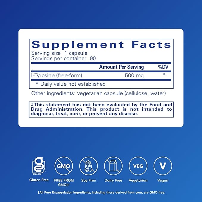 Pure Encapsulations L-Tyrosine - Amino Acid Supplement - for Brain Support Dopamine &amp Thyroid Function* - Vegan &amp Non-GMO - 90 Capsules