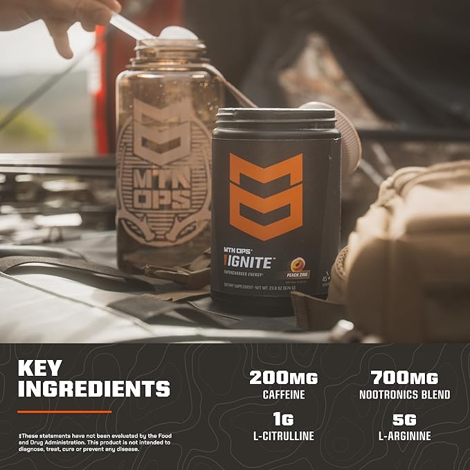 MTN OPS Ignite Energy Drink Powder Gluten Free Nootropic Supplement Drink Mix L Arginine L Citrulline Caffeine &amp Nootropic Sugar Free Drink Mix 45 Servings Rocky Mountain Rickey