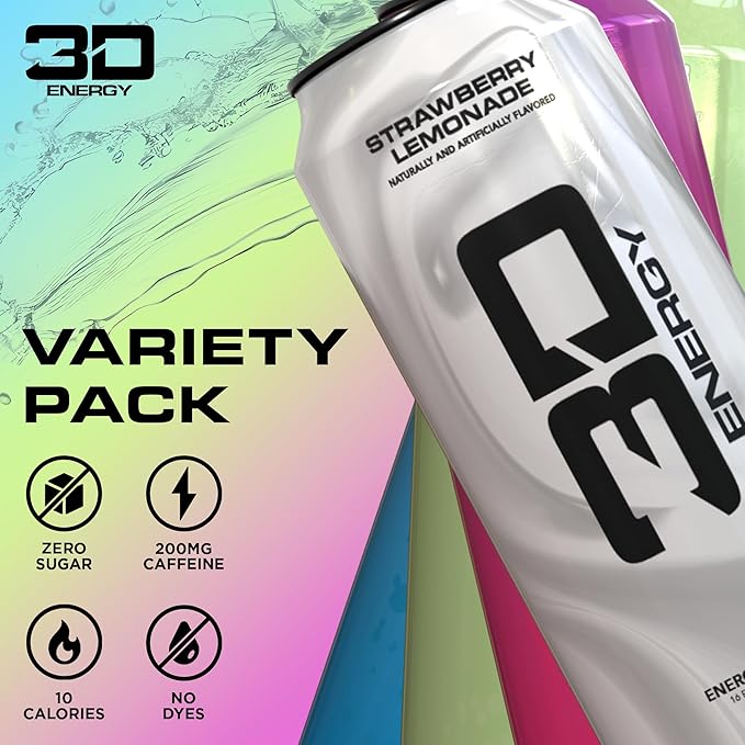 3D Sugar-Free Energy Drinks Variety Pack - Clean Energy Drink with 200mg Caffeine Taurine &amp L-Carnitine - Pre Workout Fitness Drink for Gym Exercise &amp Everyday Performance