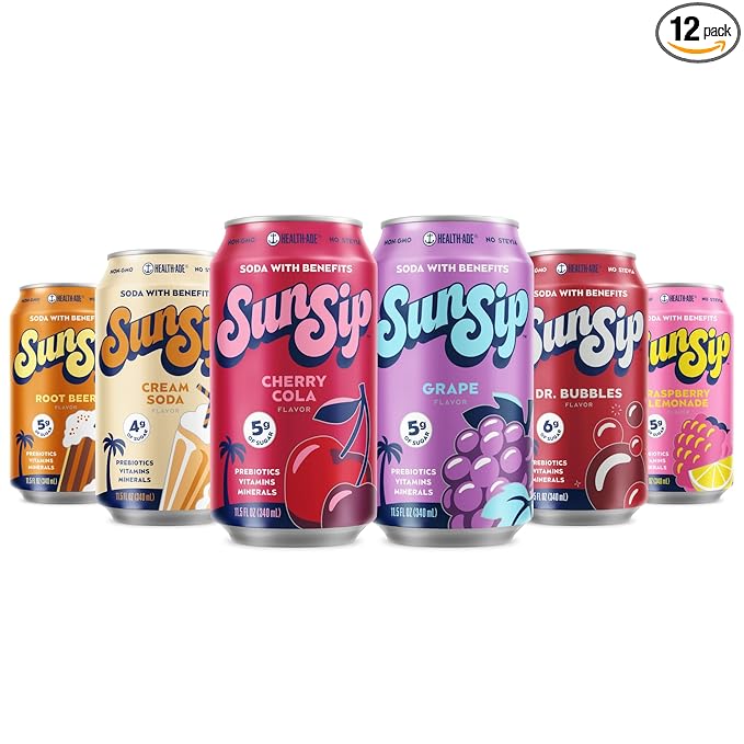 SunSip Prebiotic Soda by Health-Ade Better-for-You Soda Swap Beverage with Vitamins and Minerals Naturally Sweetened with 6g of Sugar or less Soda Sampler Variety Pack 11.5 oz (12 Pack)