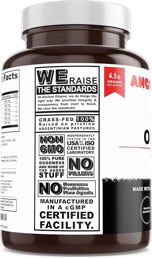 Grass Fed Beef Organs Supplement 4500mg - Desiccated Liver Bone Marrow Heart Spleen Pancreas &amp Kidney Non-GMO Gluten Free Undefatted by Ancient Origins (180 Capsules 750mg Each)
