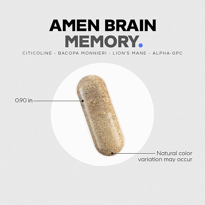 Amen Brain Memory Supplement- Bacopa Lion’s Mane Alpha-GPC Citicoline Phosphatidylserine Rhodiola Ginkgo BioPerine Huperzine A - NSF Certified Cognition &amp Mind Vitamins Non-GMO - 60 Capsu