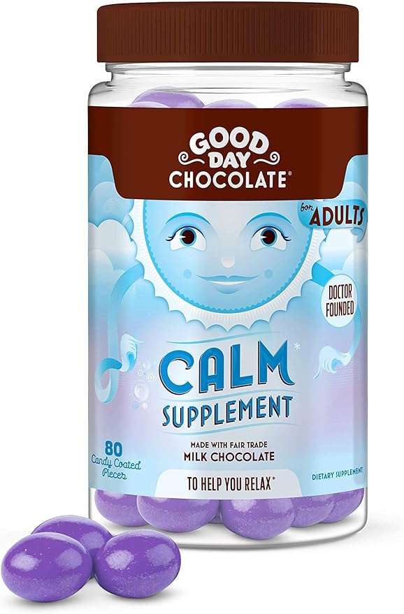 Good Day Chocolate Natural Calming Supplement for Adults Blend of Camomile Theanine Magnesium Fair Trade and Non-GMO Chocolate 80 Pieces