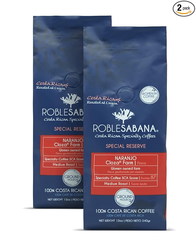 Costa Rican Coffee ROBLESABANA Naranjo Semiwashed process - Specialty grade Direct Trade Medium Roast Ground 12oz (Pack of 2)