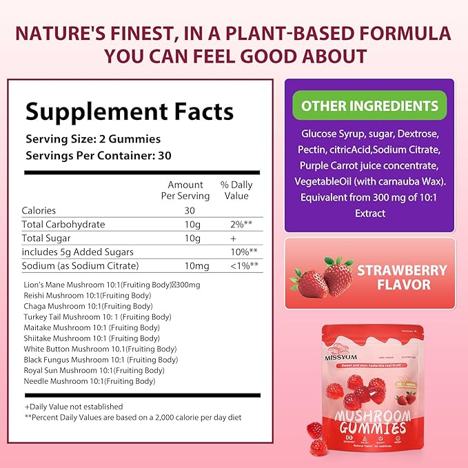 Mushroom Gummies 10-in-1 Adaptogenic Blend Vegan Strawberry 60 Count | with Lion's Mane Reishi Chaga Shiitake &amp More