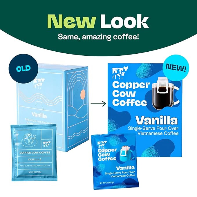 Copper Cow Coffee Pour Over Vietnamese Coffee Pouches + Sweetened Condensed Milk Creamers (8 Coffees &amp 8 Milk Creamers) | Vanilla Lattes No Refrigeration Needed Travel Friendly Ground Coffee
