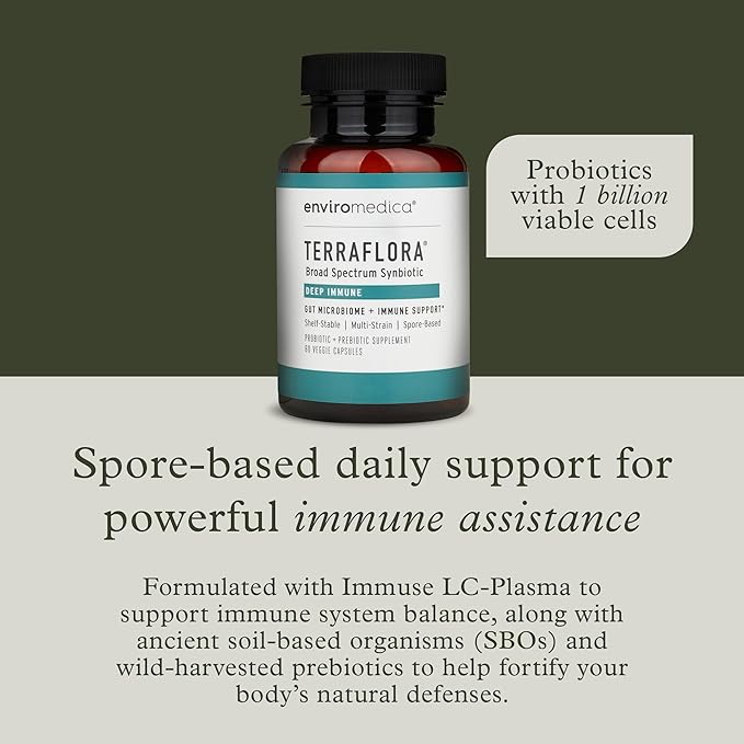 Terraflora Deep Immune Synbiotic- SBO Probiotic and Prebiotic Immune Support Gut Health Soil Based Spore Pre and Probiotics for Women and Men LC-Plasma Bacillus Coagulans Subtilis 60 Capsules