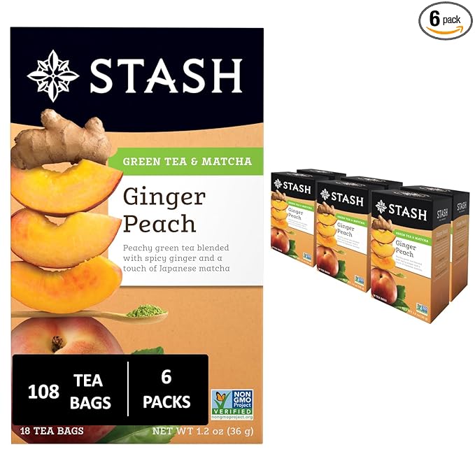 Stash Tea Ginger Peach Green Tea - Caffeinated Non-GMO Project Verified Premium Tea with No Artificial Ingredients 18 Count (Pack of 6) - 108 Bags Total