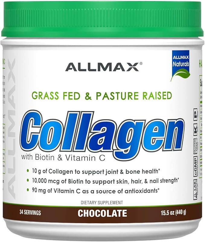 ALLMAX Collagen Powder Grass Fed &amp Pasture Raised – with Biotin (10000 mcg) &amp Vitamin C (90 mg) (440 Grams Chocolate)