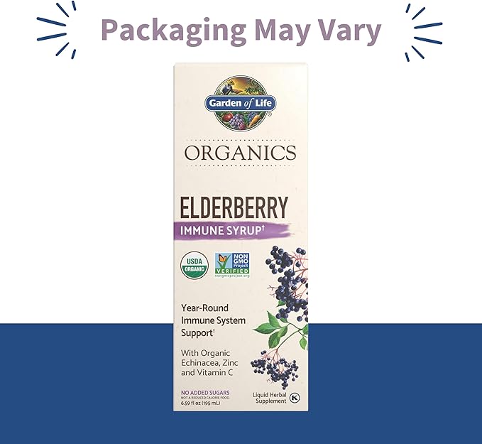 Garden of Life Organics Plant Based Elderberry Immune Syrup 6.59 floz (195 mL) for Kids &amp Adults - Sambucus Echinacea Zinc &amp Vitamin C 0g Sugar Organic Vegan Gluten Free Herbal Supplement