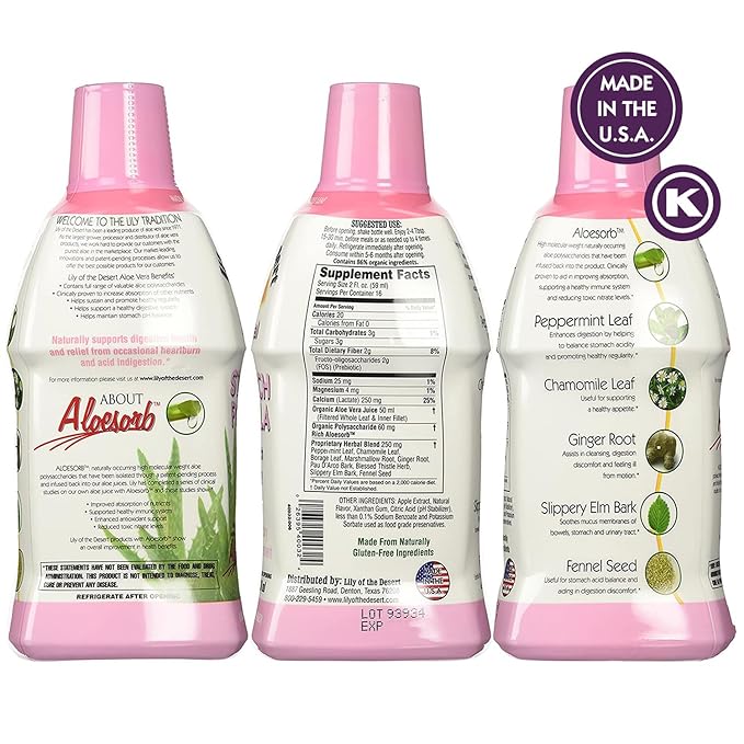 Lily of The Desert Stomach Formula Organic Aloe Vera Juice with Slippery Elm Chamomile Peppermint and Ginger for Gut Health Acid Reflux Heartburn Relief 32 Oz1