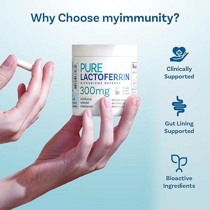 Pure Lactoferrin Microbiome Defense - 300mg Delayed Release Capsules Non-GMO Iron Absorption &amp Immune System Support Lactoferrin Supplements for Adults Gluten-Free (30 Capsules)