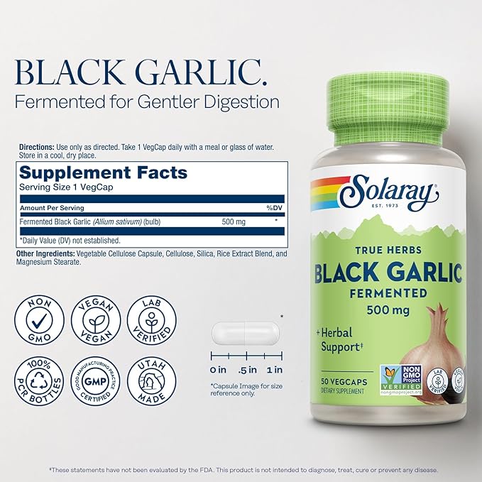 SOLARAY Black Garlic 500 mg - Fermented for Easier Digestion and Mellow Aftertaste - Antioxidant Garlic Supplements - Non-GMO Vegan Lab Verified - 60-Day Guarantee - 50 Servings 50 VegCaps