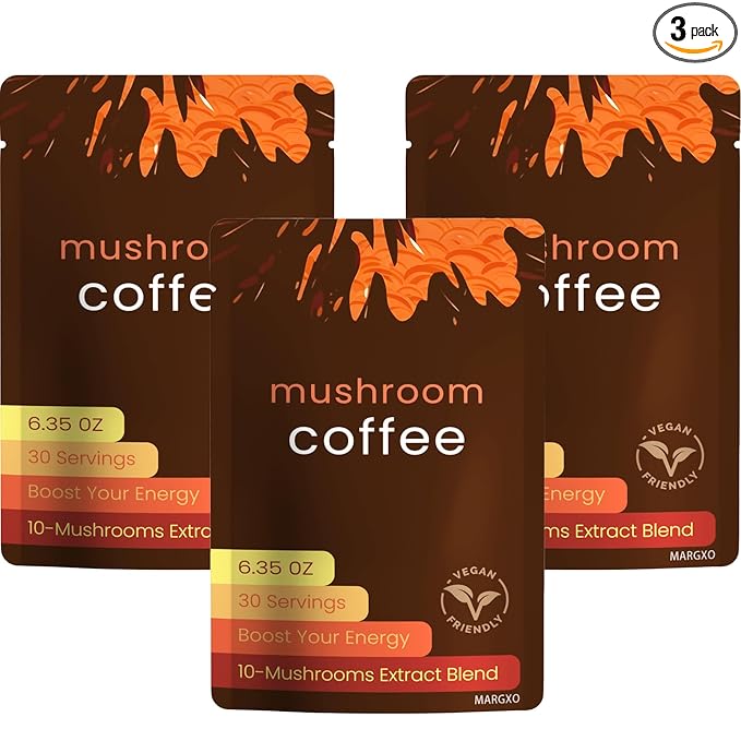 Margxo Mushroom Coffee 6.35 oz 30 Servings 10-Mushrooms Extract Blend Boost Your Energy CONTAINS COCONUT MILK (3 Pack)