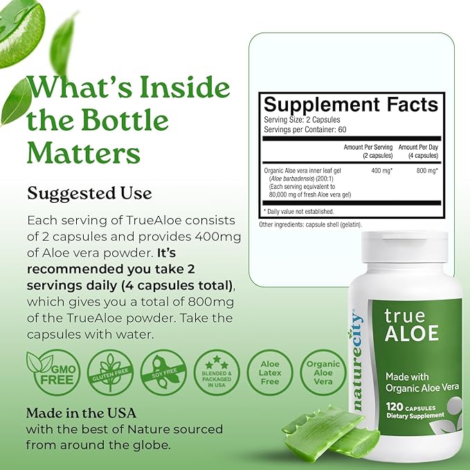 NatureCity True-Aloe Gut Health Support – Per Serving – Organic Aloe Vera (120 Capsules) for Digestive Skin &amp Joint Support | Small Easy-to-Swallow Pills