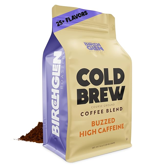 Buzzed High Caffeine Cold Brew Coffee Coarse Grounds - Bold &amp Strong Coffee - 1 Lb Resealable Bag - Birch Glen Roasters