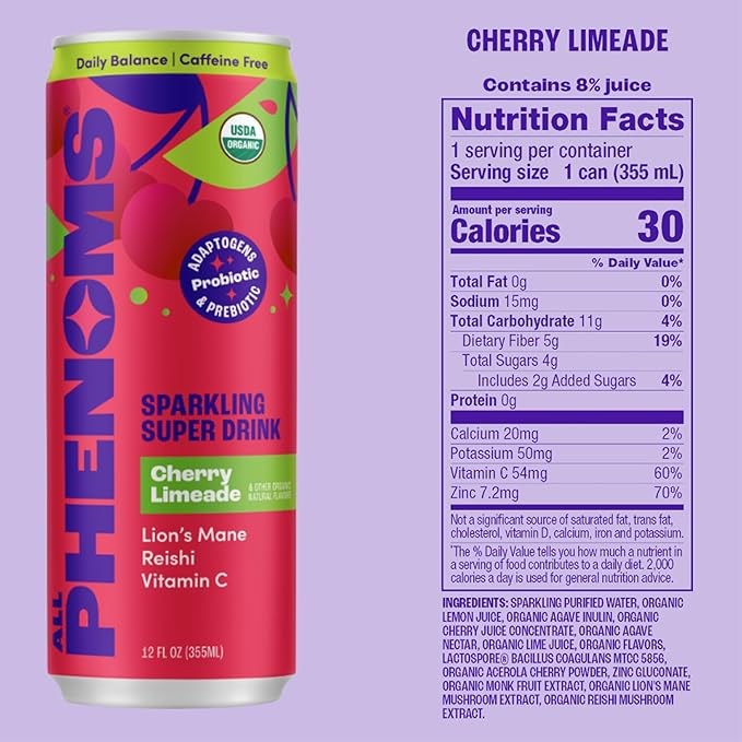 All Phenoms Daily Balance Sparkling Organic Prebiotic &amp Probiotic Drink - Adaptogen Mushroom Blend (500mg of Lions Mane &amp Reishi) Vit C Zinc (Non-Caffeinated No Stevia) - Cherry Limeade 12