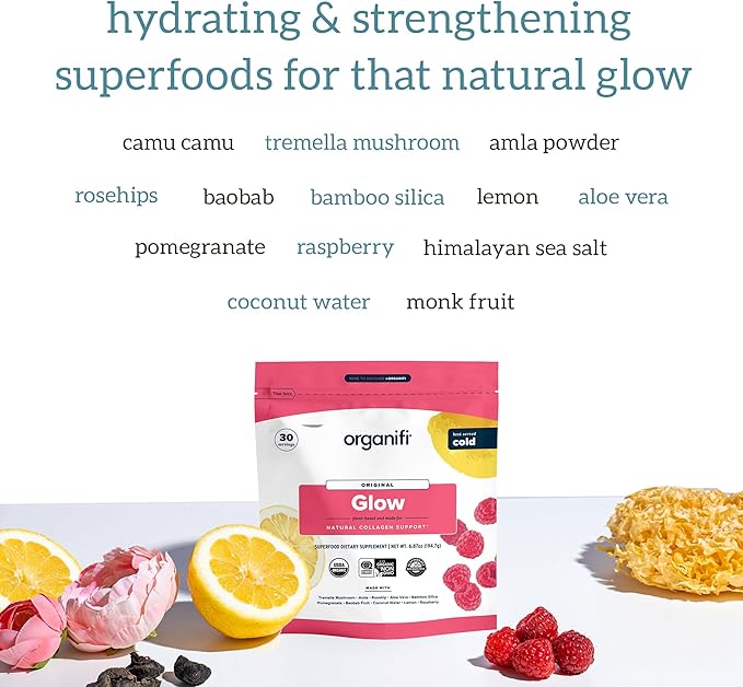 Organifi Glow - Vegan Collagen Powder for Women - Organic Flavored Water Ingredient 30 Servings