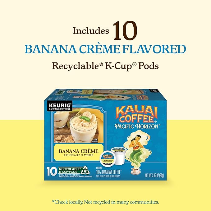 Kauai Coffee K-Cup Pods for Keurig Brewers – Arabica Coffee 10% Hawaiian – Medium Roast Banana Flavor with Creamy Vanilla – Banana Crème 1 Pack of 10 Single Serve K-Cups
