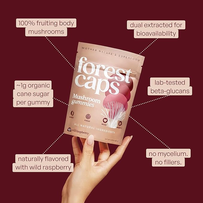 Forest Caps Mushroom Gummies – Lion’s Mane Reishi &amp Cordyceps – Focus Calm &amp Natural Energy – Organic Fruiting Body Extracts – Vegan All Natural Made in USA – 60 Count