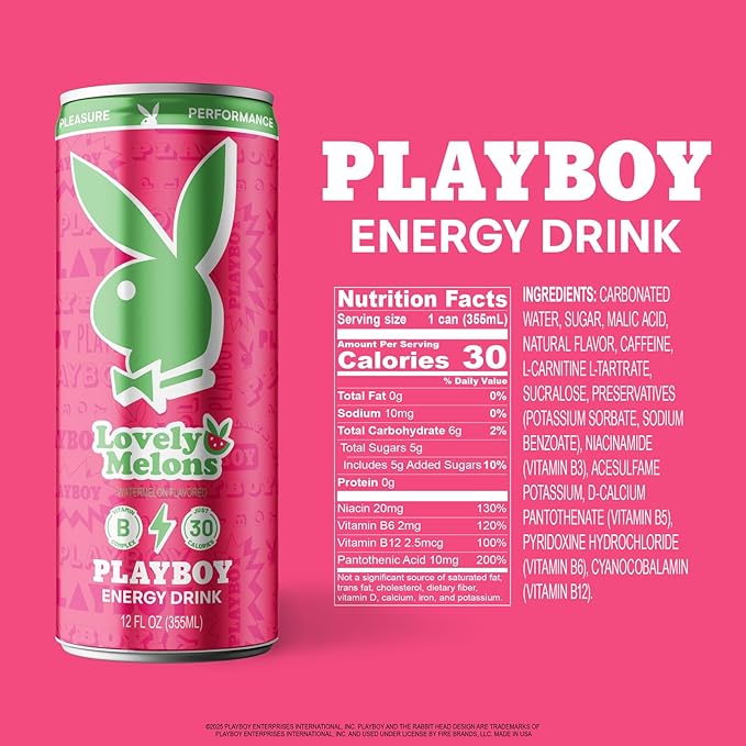 PLAYBOY Energy Drink – Lovely Melons (Watermelon) – 12 Pack of 12oz Cans | Performance + Pleasure Energy | NextGen Lifestyle Drink