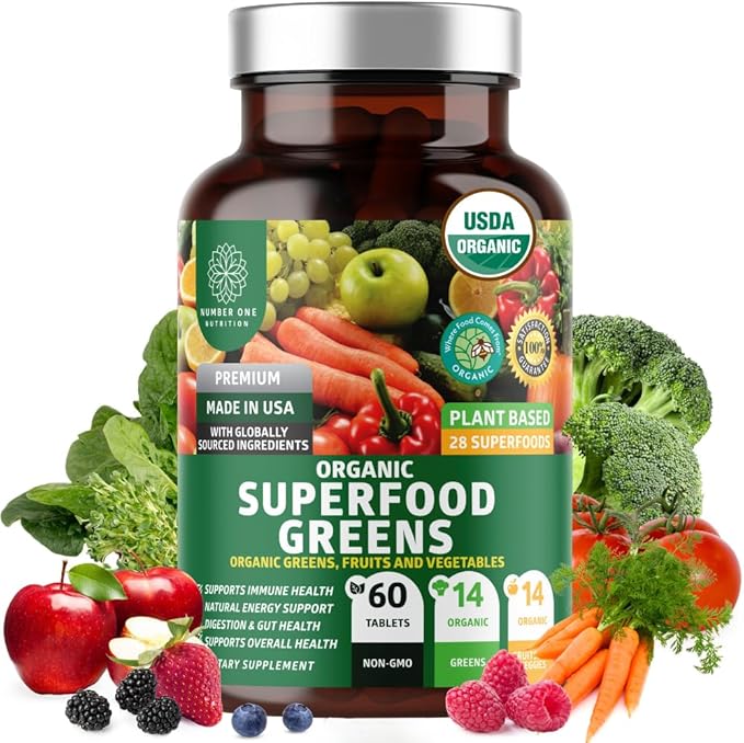 Number One Nutrition USDA Organic and Easy-to-Take Super Greens Better Than Powder Fruits &amp Veggies Supplement with 28 Superfood Ingredients Like Alfalfa Beet Root and Ginger 60 Tablets
