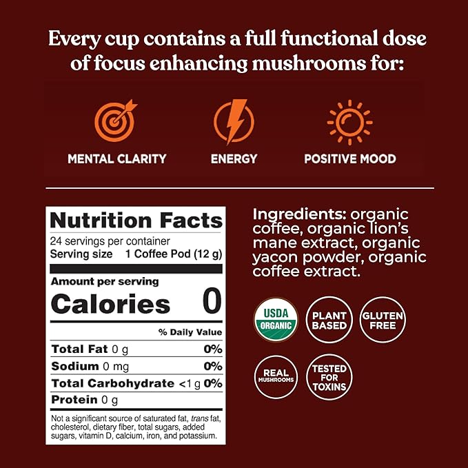 Four Sigmatic High Caffeine Mushroom Coffee K-Cups | Organic Dark Roast Coffee with Lion’s Mane &amp Chaga | Focus &amp Immune Support | Vegan &amp Keto | Sustainable Pods | 24 Count